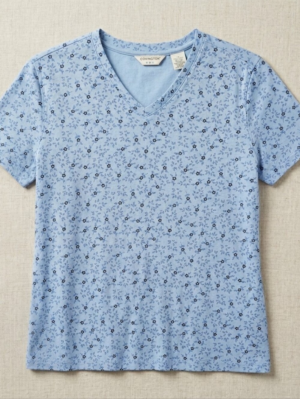 Covington Blue Ditsy Floral V-Neck Short Sleeve Top